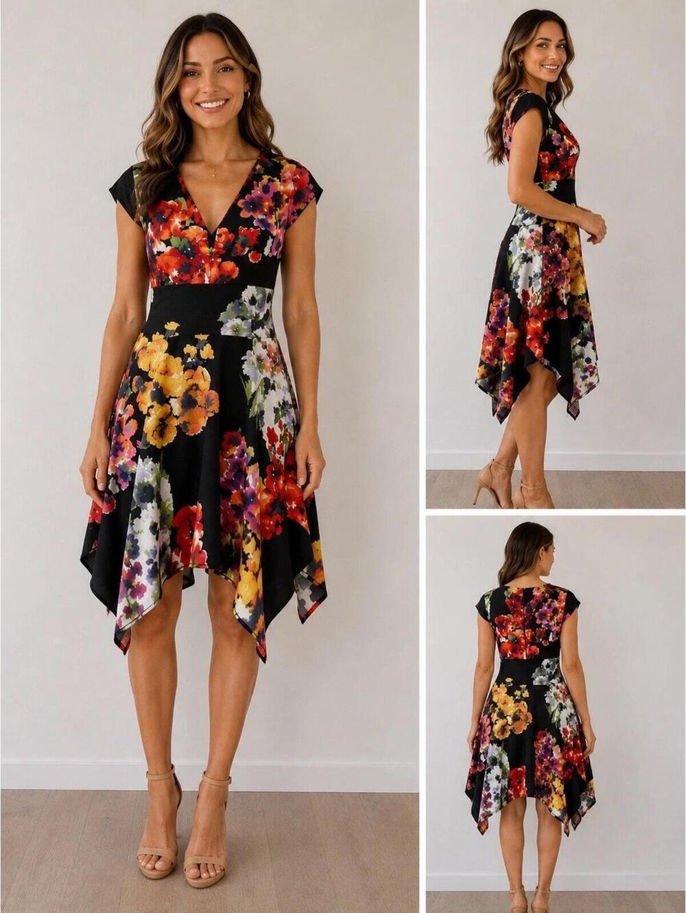 N By Natori Floral Handkerchief Hen‎ Dress Women’s Size 10 Multicolor V-neck